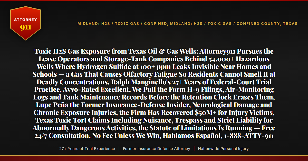 Toxic H2S Gas Exposure from Texas Oil & Gas Wells: Attorney911 Pursues the Lease Operators and Storage-Tank Companies Behind 54,000+ Hazardous Wells Where Hydrogen Sulfide at 100+ ppm Leaks Invisible Near Homes and Schools — a Gas That Causes Olfactory Fatigue So Residents Cannot Smell It at Deadly Concentrations, Ralph Manginello's 27+ Years of Federal-Court Trial Practice, Avvo-Rated Excellent, We Pull the Form H-9 Filings, Air-Monitoring Logs and Tank Maintenance Records Before the Retention Clock Erases Them, Lupe Peña the Former Insurance-Defense Insider, Neurological Damage and Chronic Exposure Injuries, the Firm Has Recovered $50M+ for Injury Victims, Texas Toxic Tort Claims Including Nuisance, Trespass and Strict Liability for Abnormally Dangerous Activities, the Statute of Limitations Is Running — Free 24/7 Consultation, No Fee Unless We Win, Hablamos Español, 1-888-ATTY-911 - Attorney911