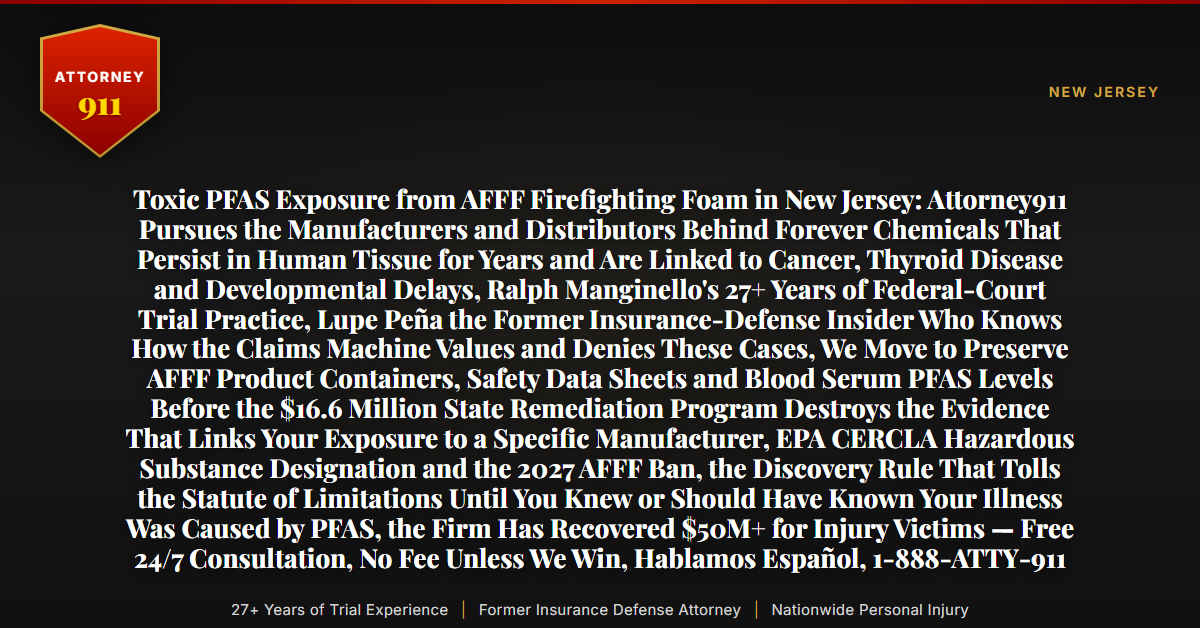 Toxic PFAS Exposure from AFFF Firefighting Foam in New Jersey: Attorney911 Pursues the Manufacturers and Distributors Behind Forever Chemicals That Persist in Human Tissue for Years and Are Linked to Cancer, Thyroid Disease and Developmental Delays, Ralph Manginello's 27+ Years of Federal-Court Trial Practice, Lupe Peña the Former Insurance-Defense Insider Who Knows How the Claims Machine Values and Denies These Cases, We Move to Preserve AFFF Product Containers, Safety Data Sheets and Blood Serum PFAS Levels Before the $16.6 Million State Remediation Program Destroys the Evidence That Links Your Exposure to a Specific Manufacturer, EPA CERCLA Hazardous Substance Designation and the 2027 AFFF Ban, the Discovery Rule That Tolls the Statute of Limitations Until You Knew or Should Have Known Your Illness Was Caused by PFAS, the Firm Has Recovered $50M+ for Injury Victims — Free 24/7 Consultation, No Fee Unless We Win, Hablamos Español, 1-888-ATTY-911 - Attorney911