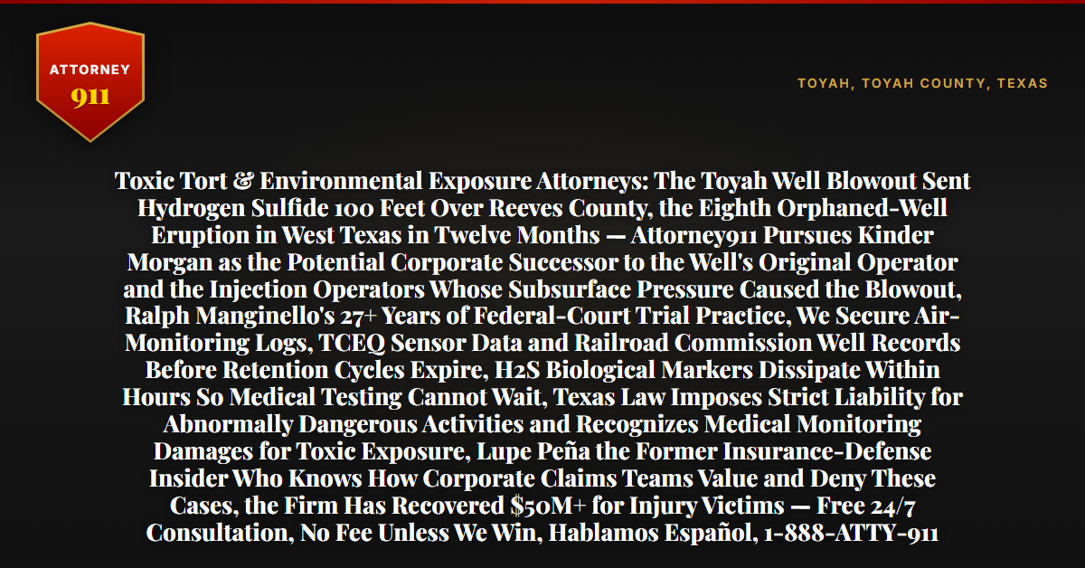 Toxic Tort & Environmental Exposure Attorneys: The Toyah Well Blowout Sent Hydrogen Sulfide 100 Feet Over Reeves County, the Eighth Orphaned-Well Eruption in West Texas in Twelve Months — Attorney911 Pursues Kinder Morgan as the Potential Corporate Successor to the Well's Original Operator and the Injection Operators Whose Subsurface Pressure Caused the Blowout, Ralph Manginello's 27+ Years of Federal-Court Trial Practice, We Secure Air-Monitoring Logs, TCEQ Sensor Data and Railroad Commission Well Records Before Retention Cycles Expire, H2S Biological Markers Dissipate Within Hours So Medical Testing Cannot Wait, Texas Law Imposes Strict Liability for Abnormally Dangerous Activities and Recognizes Medical Monitoring Damages for Toxic Exposure, Lupe Peña the Former Insurance-Defense Insider Who Knows How Corporate Claims Teams Value and Deny These Cases, the Firm Has Recovered $50M+ for Injury Victims — Free 24/7 Consultation, No Fee Unless We Win, Hablamos Español, 1-888-ATTY-911 - Attorney911