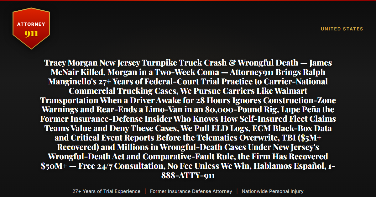 Tracy Morgan New Jersey Turnpike Truck Crash & Wrongful Death — James McNair Killed, Morgan in a Two-Week Coma — Attorney911 Brings Ralph Manginello's 27+ Years of Federal-Court Trial Practice to Carrier-National Commercial Trucking Cases, We Pursue Carriers Like Walmart Transportation When a Driver Awake for 28 Hours Ignores Construction-Zone Warnings and Rear-Ends a Limo-Van in an 80,000-Pound Rig, Lupe Peña the Former Insurance-Defense Insider Who Knows How Self-Insured Fleet Claims Teams Value and Deny These Cases, We Pull ELD Logs, ECM Black-Box Data and Critical Event Reports Before the Telematics Overwrite, TBI ($5M+ Recovered) and Millions in Wrongful-Death Cases Under New Jersey's Wrongful-Death Act and Comparative-Fault Rule, the Firm Has Recovered $50M+ — Free 24/7 Consultation, No Fee Unless We Win, Hablamos Español, 1-888-ATTY-911 - Attorney911