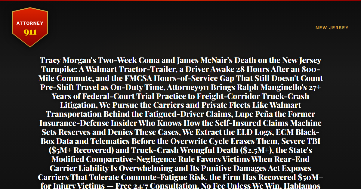 Tracy Morgan's Two-Week Coma and James McNair's Death on the New Jersey Turnpike: A Walmart Tractor-Trailer, a Driver Awake 28 Hours After an 800-Mile Commute, and the FMCSA Hours-of-Service Gap That Still Doesn't Count Pre-Shift Travel as On-Duty Time, Attorney911 Brings Ralph Manginello's 27+ Years of Federal-Court Trial Practice to Freight-Corridor Truck-Crash Litigation, We Pursue the Carriers and Private Fleets Like Walmart Transportation Behind the Fatigued-Driver Claims, Lupe Peña the Former Insurance-Defense Insider Who Knows How the Self-Insured Claims Machine Sets Reserves and Denies These Cases, We Extract the ELD Logs, ECM Black-Box Data and Telematics Before the Overwrite Cycle Erases Them, Severe TBI ($5M+ Recovered) and Truck-Crash Wrongful Death ($2.5M+), the State's Modified Comparative-Negligence Rule Favors Victims When Rear-End Carrier Liability Is Overwhelming and Its Punitive Damages Act Exposes Carriers That Tolerate Commute-Fatigue Risk, the Firm Has Recovered $50M+ for Injury Victims — Free 24/7 Consultation, No Fee Unless We Win, Hablamos Español, 1-888-ATTY-911 - Attorney911