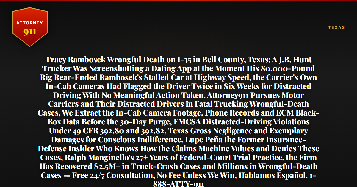 Tracy Rambosek Wrongful Death on I-35 in Bell County, Texas: A J.B. Hunt Trucker Was Screenshotting a Dating App at the Moment His 80,000-Pound Rig Rear-Ended Rambosek's Stalled Car at Highway Speed, the Carrier's Own In-Cab Cameras Had Flagged the Driver Twice in Six Weeks for Distracted Driving With No Meaningful Action Taken, Attorney911 Pursues Motor Carriers and Their Distracted Drivers in Fatal Trucking Wrongful-Death Cases, We Extract the In-Cab Camera Footage, Phone Records and ECM Black-Box Data Before the 30-Day Purge, FMCSA Distracted-Driving Violations Under 49 CFR 392.80 and 392.82, Texas Gross Negligence and Exemplary Damages for Conscious Indifference, Lupe Peña the Former Insurance-Defense Insider Who Knows How the Claims Machine Values and Denies These Cases, Ralph Manginello's 27+ Years of Federal-Court Trial Practice, the Firm Has Recovered $2.5M+ in Truck-Crash Cases and Millions in Wrongful-Death Cases — Free 24/7 Consultation, No Fee Unless We Win, Hablamos Español, 1-888-ATTY-911 - Attorney911