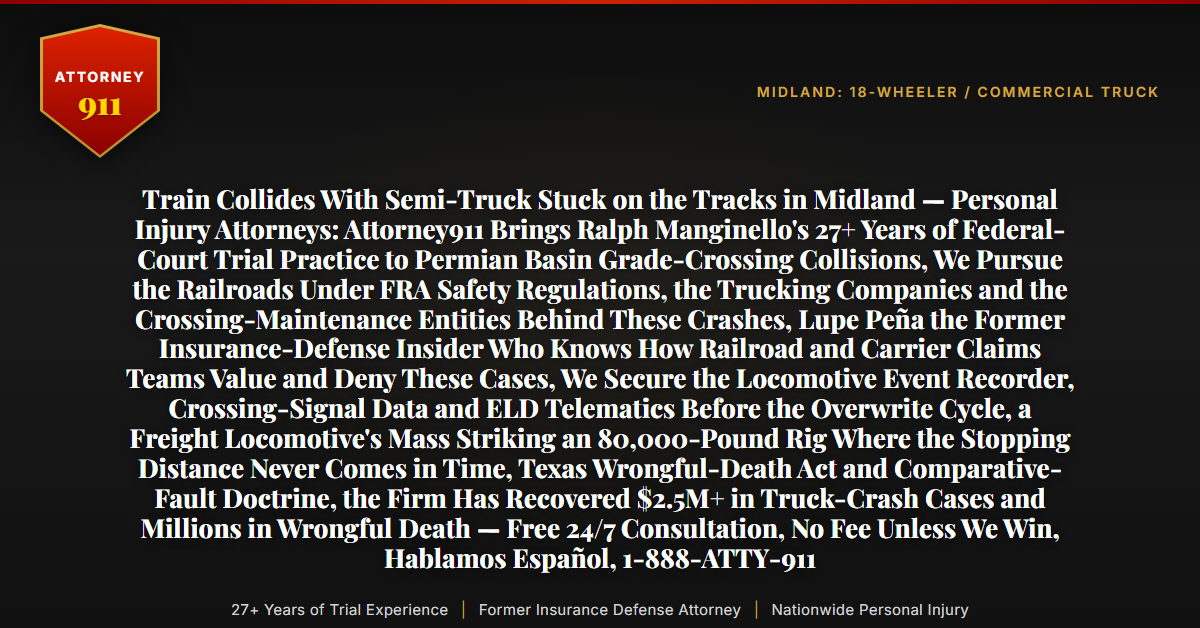 Train Collides With Semi-Truck Stuck on the Tracks in Midland — Personal Injury Attorneys: Attorney911 Brings Ralph Manginello's 27+ Years of Federal-Court Trial Practice to Permian Basin Grade-Crossing Collisions, We Pursue the Railroads Under FRA Safety Regulations, the Trucking Companies and the Crossing-Maintenance Entities Behind These Crashes, Lupe Peña the Former Insurance-Defense Insider Who Knows How Railroad and Carrier Claims Teams Value and Deny These Cases, We Secure the Locomotive Event Recorder, Crossing-Signal Data and ELD Telematics Before the Overwrite Cycle, a Freight Locomotive's Mass Striking an 80,000-Pound Rig Where the Stopping Distance Never Comes in Time, Texas Wrongful-Death Act and Comparative-Fault Doctrine, the Firm Has Recovered $2.5M+ in Truck-Crash Cases and Millions in Wrongful Death — Free 24/7 Consultation, No Fee Unless We Win, Hablamos Español, 1-888-ATTY-911 - Attorney911