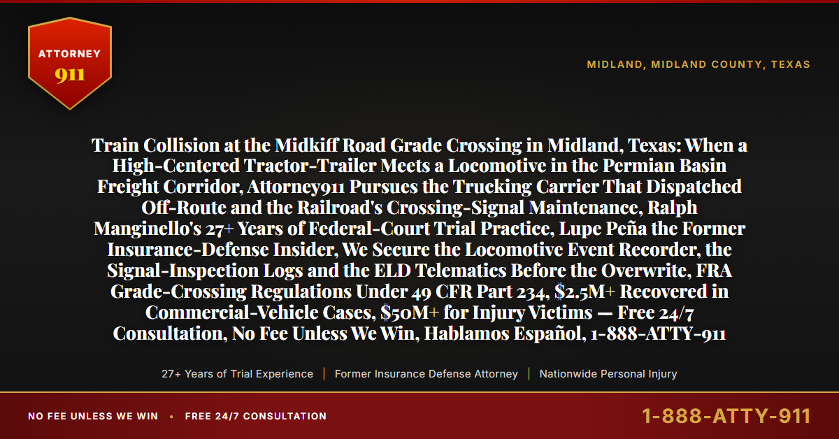 Train Collision at the Midkiff Road Grade Crossing in Midland, Texas: When a High-Centered Tractor-Trailer Meets a Locomotive in the Permian Basin Freight Corridor, Attorney911 Pursues the Trucking Carrier That Dispatched Off-Route and the Railroad's Crossing-Signal Maintenance, Ralph Manginello's 27+ Years of Federal-Court Trial Practice, Lupe Peña the Former Insurance-Defense Insider, We Secure the Locomotive Event Recorder, the Signal-Inspection Logs and the ELD Telematics Before the Overwrite, FRA Grade-Crossing Regulations Under 49 CFR Part 234, $2.5M+ Recovered in Commercial-Vehicle Cases, $50M+ for Injury Victims — Free 24/7 Consultation, No Fee Unless We Win, Hablamos Español, 1-888-ATTY-911 - Attorney911