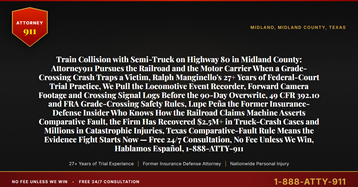 Train Collision with Semi-Truck on Highway 80 in Midland County: Attorney911 Pursues the Railroad and the Motor Carrier When a Grade-Crossing Crash Traps a Victim, Ralph Manginello's 27+ Years of Federal-Court Trial Practice, We Pull the Locomotive Event Recorder, Forward Camera Footage and Crossing Signal Logs Before the 90-Day Overwrite, 49 CFR 392.10 and FRA Grade-Crossing Safety Rules, Lupe Peña the Former Insurance-Defense Insider Who Knows How the Railroad Claims Machine Asserts Comparative Fault, the Firm Has Recovered $2.5M+ in Truck-Crash Cases and Millions in Catastrophic Injuries, Texas Comparative-Fault Rule Means the Evidence Fight Starts Now — Free 24/7 Consultation, No Fee Unless We Win, Hablamos Español, 1-888-ATTY-911 - Attorney911