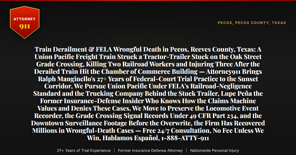 Train Derailment & FELA Wrongful Death in Pecos, Reeves County, Texas: A Union Pacific Freight Train Struck a Tractor-Trailer Stuck on the Oak Street Grade Crossing, Killing Two Railroad Workers and Injuring Three After the Derailed Train Hit the Chamber of Commerce Building — Attorney911 Brings Ralph Manginello's 27+ Years of Federal-Court Trial Practice to the Sunset Corridor, We Pursue Union Pacific Under FELA's Railroad-Negligence Standard and the Trucking Company Behind the Stuck Trailer, Lupe Peña the Former Insurance-Defense Insider Who Knows How the Claims Machine Values and Denies These Cases, We Move to Preserve the Locomotive Event Recorder, the Grade Crossing Signal Records Under 49 CFR Part 234, and the Downtown Surveillance Footage Before the Overwrite, the Firm Has Recovered Millions in Wrongful-Death Cases — Free 24/7 Consultation, No Fee Unless We Win, Hablamos Español, 1-888-ATTY-911 - Attorney911