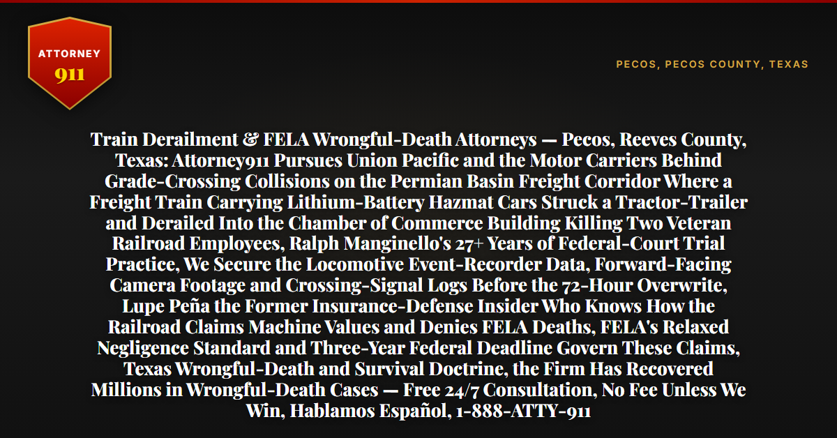 Train Derailment & FELA Wrongful-Death Attorneys — Pecos, Reeves County, Texas: Attorney911 Pursues Union Pacific and the Motor Carriers Behind Grade-Crossing Collisions on the Permian Basin Freight Corridor Where a Freight Train Carrying Lithium-Battery Hazmat Cars Struck a Tractor-Trailer and Derailed Into the Chamber of Commerce Building Killing Two Veteran Railroad Employees, Ralph Manginello's 27+ Years of Federal-Court Trial Practice, We Secure the Locomotive Event-Recorder Data, Forward-Facing Camera Footage and Crossing-Signal Logs Before the 72-Hour Overwrite, Lupe Peña the Former Insurance-Defense Insider Who Knows How the Railroad Claims Machine Values and Denies FELA Deaths, FELA's Relaxed Negligence Standard and Three-Year Federal Deadline Govern These Claims, Texas Wrongful-Death and Survival Doctrine, the Firm Has Recovered Millions in Wrongful-Death Cases — Free 24/7 Consultation, No Fee Unless We Win, Hablamos Español, 1-888-ATTY-911 - Attorney911