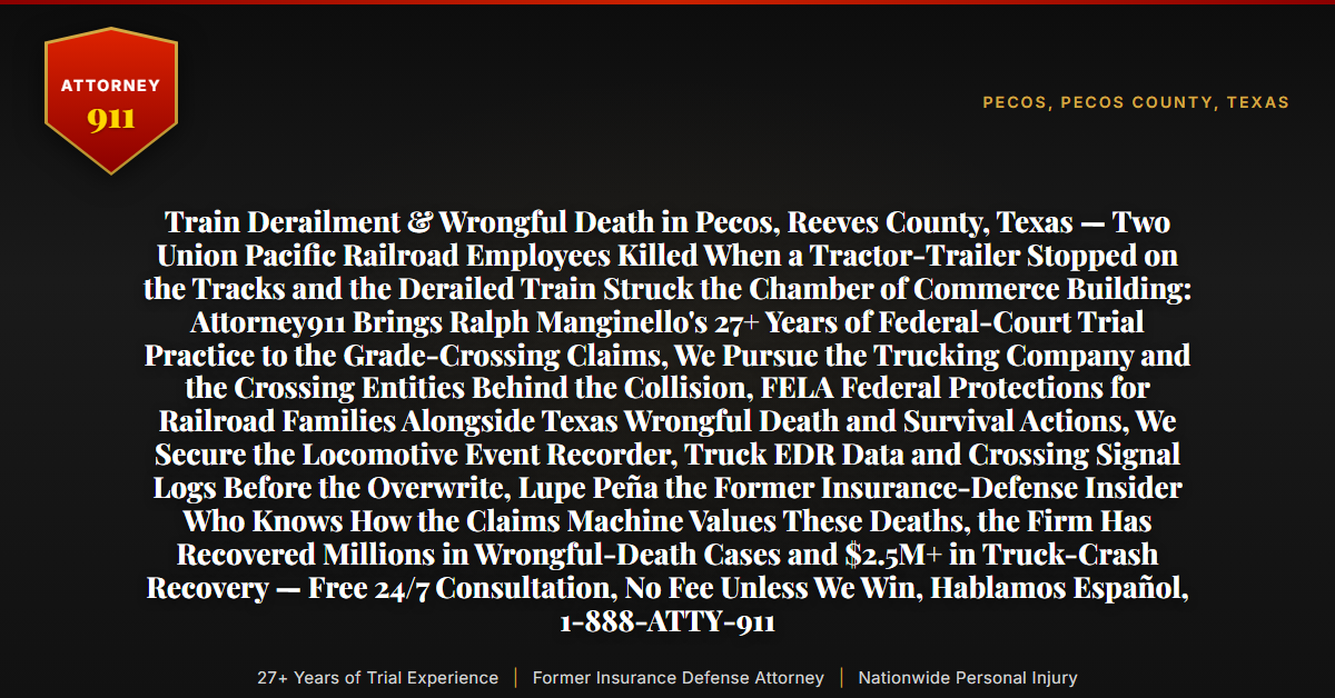 Train Derailment & Wrongful Death in Pecos, Reeves County, Texas — Two Union Pacific Railroad Employees Killed When a Tractor-Trailer Stopped on the Tracks and the Derailed Train Struck the Chamber of Commerce Building: Attorney911 Brings Ralph Manginello's 27+ Years of Federal-Court Trial Practice to the Grade-Crossing Claims, We Pursue the Trucking Company and the Crossing Entities Behind the Collision, FELA Federal Protections for Railroad Families Alongside Texas Wrongful Death and Survival Actions, We Secure the Locomotive Event Recorder, Truck EDR Data and Crossing Signal Logs Before the Overwrite, Lupe Peña the Former Insurance-Defense Insider Who Knows How the Claims Machine Values These Deaths, the Firm Has Recovered Millions in Wrongful-Death Cases and $2.5M+ in Truck-Crash Recovery — Free 24/7 Consultation, No Fee Unless We Win, Hablamos Español, 1-888-ATTY-911 - Attorney911
