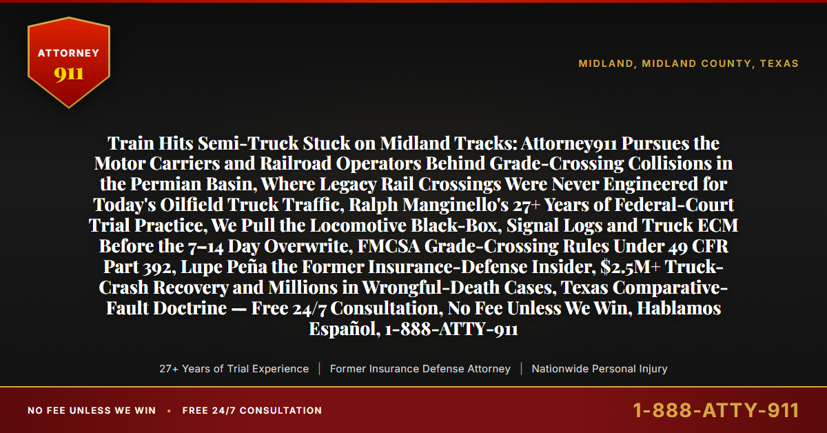 Train Hits Semi-Truck Stuck on Midland Tracks: Attorney911 Pursues the Motor Carriers and Railroad Operators Behind Grade-Crossing Collisions in the Permian Basin, Where Legacy Rail Crossings Were Never Engineered for Today's Oilfield Truck Traffic, Ralph Manginello's 27+ Years of Federal-Court Trial Practice, We Pull the Locomotive Black-Box, Signal Logs and Truck ECM Before the 7–14 Day Overwrite, FMCSA Grade-Crossing Rules Under 49 CFR Part 392, Lupe Peña the Former Insurance-Defense Insider, $2.5M+ Truck-Crash Recovery and Millions in Wrongful-Death Cases, Texas Comparative-Fault Doctrine — Free 24/7 Consultation, No Fee Unless We Win, Hablamos Español, 1-888-ATTY-911 - Attorney911