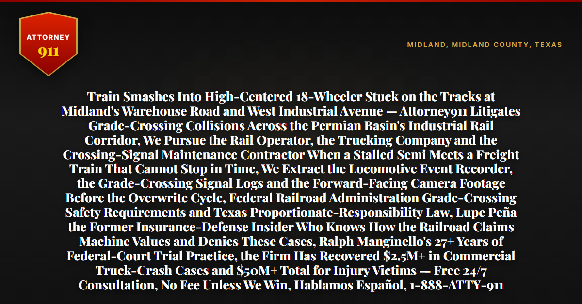 Train Smashes Into High-Centered 18-Wheeler Stuck on the Tracks at Midland's Warehouse Road and West Industrial Avenue — Attorney911 Litigates Grade-Crossing Collisions Across the Permian Basin's Industrial Rail Corridor, We Pursue the Rail Operator, the Trucking Company and the Crossing-Signal Maintenance Contractor When a Stalled Semi Meets a Freight Train That Cannot Stop in Time, We Extract the Locomotive Event Recorder, the Grade-Crossing Signal Logs and the Forward-Facing Camera Footage Before the Overwrite Cycle, Federal Railroad Administration Grade-Crossing Safety Requirements and Texas Proportionate-Responsibility Law, Lupe Peña the Former Insurance-Defense Insider Who Knows How the Railroad Claims Machine Values and Denies These Cases, Ralph Manginello's 27+ Years of Federal-Court Trial Practice, the Firm Has Recovered $2.5M+ in Commercial Truck-Crash Cases and $50M+ Total for Injury Victims — Free 24/7 Consultation, No Fee Unless We Win, Hablamos Español, 1-888-ATTY-911 - Attorney911
