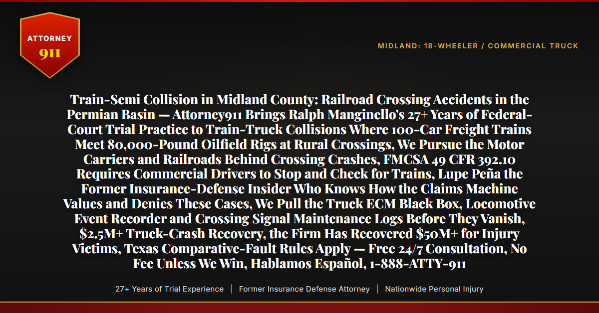 Train-Semi Collision in Midland County: Railroad Crossing Accidents in the Permian Basin — Attorney911 Brings Ralph Manginello's 27+ Years of Federal-Court Trial Practice to Train-Truck Collisions Where 100-Car Freight Trains Meet 80,000-Pound Oilfield Rigs at Rural Crossings, We Pursue the Motor Carriers and Railroads Behind Crossing Crashes, FMCSA 49 CFR 392.10 Requires Commercial Drivers to Stop and Check for Trains, Lupe Peña the Former Insurance-Defense Insider Who Knows How the Claims Machine Values and Denies These Cases, We Pull the Truck ECM Black Box, Locomotive Event Recorder and Crossing Signal Maintenance Logs Before They Vanish, $2.5M+ Truck-Crash Recovery, the Firm Has Recovered $50M+ for Injury Victims, Texas Comparative-Fault Rules Apply — Free 24/7 Consultation, No Fee Unless We Win, Hablamos Español, 1-888-ATTY-911 - Attorney911