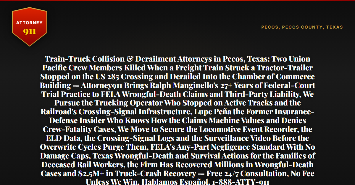 Train-Truck Collision & Derailment Attorneys in Pecos, Texas: Two Union Pacific Crew Members Killed When a Freight Train Struck a Tractor-Trailer Stopped on the US 285 Crossing and Derailed Into the Chamber of Commerce Building — Attorney911 Brings Ralph Manginello's 27+ Years of Federal-Court Trial Practice to FELA Wrongful-Death Claims and Third-Party Liability, We Pursue the Trucking Operator Who Stopped on Active Tracks and the Railroad's Crossing-Signal Infrastructure, Lupe Peña the Former Insurance-Defense Insider Who Knows How the Claims Machine Values and Denies Crew-Fatality Cases, We Move to Secure the Locomotive Event Recorder, the ELD Data, the Crossing-Signal Logs and the Surveillance Video Before the Overwrite Cycles Purge Them, FELA's Any-Part Negligence Standard With No Damage Caps, Texas Wrongful-Death and Survival Actions for the Families of Deceased Rail Workers, the Firm Has Recovered Millions in Wrongful-Death Cases and $2.5M+ in Truck-Crash Recovery — Free 24/7 Consultation, No Fee Unless We Win, Hablamos Español, 1-888-ATTY-911 - Attorney911