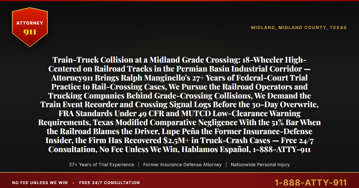 Train-Truck Collision at a Midland Grade Crossing: 18-Wheeler High-Centered on Railroad Tracks in the Permian Basin Industrial Corridor — Attorney911 Brings Ralph Manginello's 27+ Years of Federal-Court Trial Practice to Rail-Crossing Cases, We Pursue the Railroad Operators and Trucking Companies Behind Grade-Crossing Collisions, We Demand the Train Event Recorder and Crossing Signal Logs Before the 30-Day Overwrite, FRA Standards Under 49 CFR and MUTCD Low-Clearance Warning Requirements, Texas Modified Comparative Negligence With the 51% Bar When the Railroad Blames the Driver, Lupe Peña the Former Insurance-Defense Insider, the Firm Has Recovered $2.5M+ in Truck-Crash Cases — Free 24/7 Consultation, No Fee Unless We Win, Hablamos Español, 1-888-ATTY-911 - Attorney911