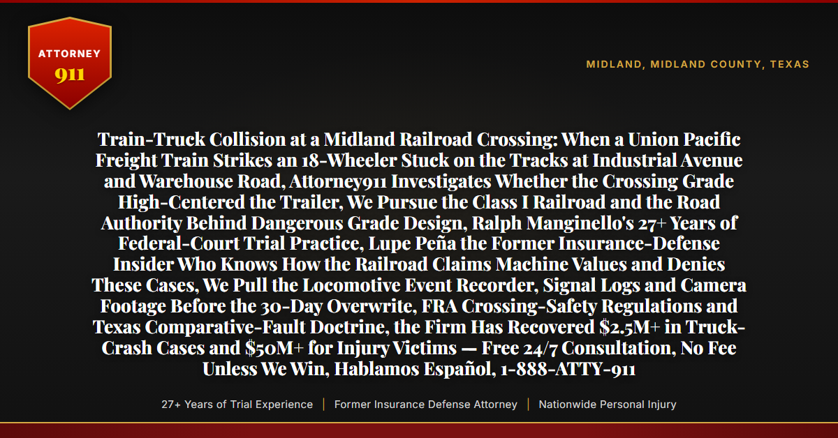 Train-Truck Collision at a Midland Railroad Crossing: When a Union Pacific Freight Train Strikes an 18-Wheeler Stuck on the Tracks at Industrial Avenue and Warehouse Road, Attorney911 Investigates Whether the Crossing Grade High-Centered the Trailer, We Pursue the Class I Railroad and the Road Authority Behind Dangerous Grade Design, Ralph Manginello's 27+ Years of Federal-Court Trial Practice, Lupe Peña the Former Insurance-Defense Insider Who Knows How the Railroad Claims Machine Values and Denies These Cases, We Pull the Locomotive Event Recorder, Signal Logs and Camera Footage Before the 30-Day Overwrite, FRA Crossing-Safety Regulations and Texas Comparative-Fault Doctrine, the Firm Has Recovered $2.5M+ in Truck-Crash Cases and $50M+ for Injury Victims — Free 24/7 Consultation, No Fee Unless We Win, Hablamos Español, 1-888-ATTY-911 - Attorney911