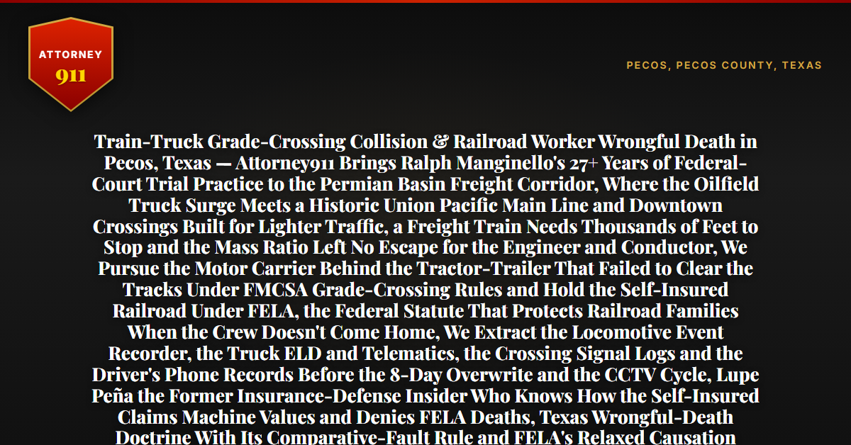 Train-Truck Grade-Crossing Collision & Railroad Worker Wrongful Death in Pecos, Texas — Attorney911 Brings Ralph Manginello's 27+ Years of Federal-Court Trial Practice to the Permian Basin Freight Corridor, Where the Oilfield Truck Surge Meets a Historic Union Pacific Main Line and Downtown Crossings Built for Lighter Traffic, a Freight Train Needs Thousands of Feet to Stop and the Mass Ratio Left No Escape for the Engineer and Conductor, We Pursue the Motor Carrier Behind the Tractor-Trailer That Failed to Clear the Tracks Under FMCSA Grade-Crossing Rules and Hold the Self-Insured Railroad Under FELA, the Federal Statute That Protects Railroad Families When the Crew Doesn't Come Home, We Extract the Locomotive Event Recorder, the Truck ELD and Telematics, the Crossing Signal Logs and the Driver's Phone Records Before the 8-Day Overwrite and the CCTV Cycle, Lupe Peña the Former Insurance-Defense Insider Who Knows How the Self-Insured Claims Machine Values and Denies FELA Deaths, Texas Wrongful-Death Doctrine With Its Comparative-Fault Rule and FELA's Relaxed Causation Requiring Only That Railroad Negligence Played Any Part, the Firm Has Recovered Millions in Wrongful-Death Cases and $50M+ Total for Injury Victims — Free 24/7 Consultation, No Fee Unless We Win, Hablamos Español, 1-888-ATTY-911 - Attorney911