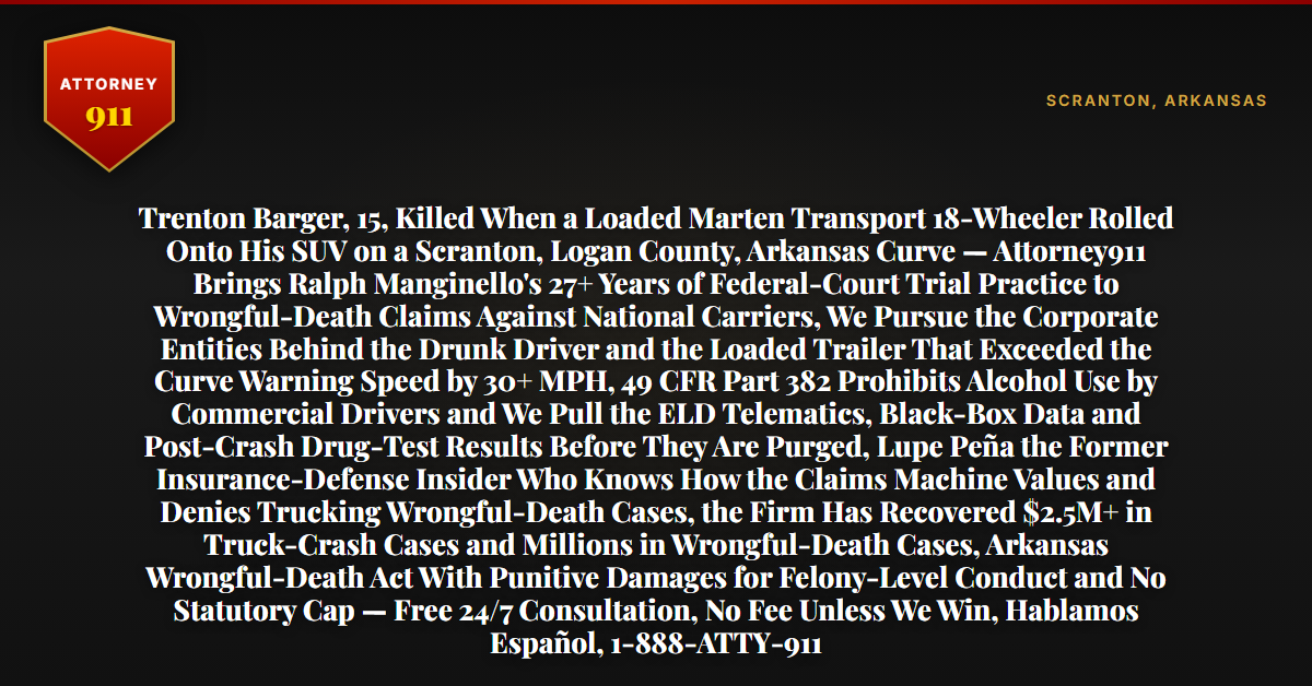 Trenton Barger, 15, Killed When a Loaded Marten Transport 18-Wheeler Rolled Onto His SUV on a Scranton, Logan County, Arkansas Curve — Attorney911 Brings Ralph Manginello's 27+ Years of Federal-Court Trial Practice to Wrongful-Death Claims Against National Carriers, We Pursue the Corporate Entities Behind the Drunk Driver and the Loaded Trailer That Exceeded the Curve Warning Speed by 30+ MPH, 49 CFR Part 382 Prohibits Alcohol Use by Commercial Drivers and We Pull the ELD Telematics, Black-Box Data and Post-Crash Drug-Test Results Before They Are Purged, Lupe Peña the Former Insurance-Defense Insider Who Knows How the Claims Machine Values and Denies Trucking Wrongful-Death Cases, the Firm Has Recovered $2.5M+ in Truck-Crash Cases and Millions in Wrongful-Death Cases, Arkansas Wrongful-Death Act With Punitive Damages for Felony-Level Conduct and No Statutory Cap — Free 24/7 Consultation, No Fee Unless We Win, Hablamos Español, 1-888-ATTY-911 - Attorney911