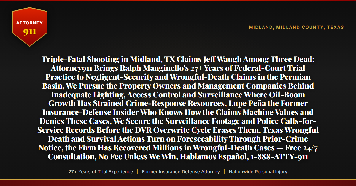 Triple-Fatal Shooting in Midland, TX Claims Jeff Waugh Among Three Dead: Attorney911 Brings Ralph Manginello's 27+ Years of Federal-Court Trial Practice to Negligent-Security and Wrongful-Death Claims in the Permian Basin, We Pursue the Property Owners and Management Companies Behind Inadequate Lighting, Access Control and Surveillance Where Oil-Boom Growth Has Strained Crime-Response Resources, Lupe Peña the Former Insurance-Defense Insider Who Knows How the Claims Machine Values and Denies These Cases, We Secure the Surveillance Footage and Police Calls-for-Service Records Before the DVR Overwrite Cycle Erases Them, Texas Wrongful Death and Survival Actions Turn on Foreseeability Through Prior-Crime Notice, the Firm Has Recovered Millions in Wrongful-Death Cases — Free 24/7 Consultation, No Fee Unless We Win, Hablamos Español, 1-888-ATTY-911 - Attorney911