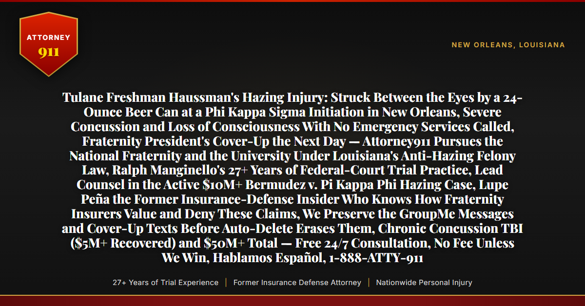 Tulane Freshman Haussman's Hazing Injury: Struck Between the Eyes by a 24-Ounce Beer Can at a Phi Kappa Sigma Initiation in New Orleans, Severe Concussion and Loss of Consciousness With No Emergency Services Called, Fraternity President's Cover-Up the Next Day — Attorney911 Pursues the National Fraternity and the University Under Louisiana's Anti-Hazing Felony Law, Ralph Manginello's 27+ Years of Federal-Court Trial Practice, Lead Counsel in the Active $10M+ Bermudez v. Pi Kappa Phi Hazing Case, Lupe Peña the Former Insurance-Defense Insider Who Knows How Fraternity Insurers Value and Deny These Claims, We Preserve the GroupMe Messages and Cover-Up Texts Before Auto-Delete Erases Them, Chronic Concussion TBI ($5M+ Recovered) and $50M+ Total — Free 24/7 Consultation, No Fee Unless We Win, Hablamos Español, 1-888-ATTY-911 - Attorney911