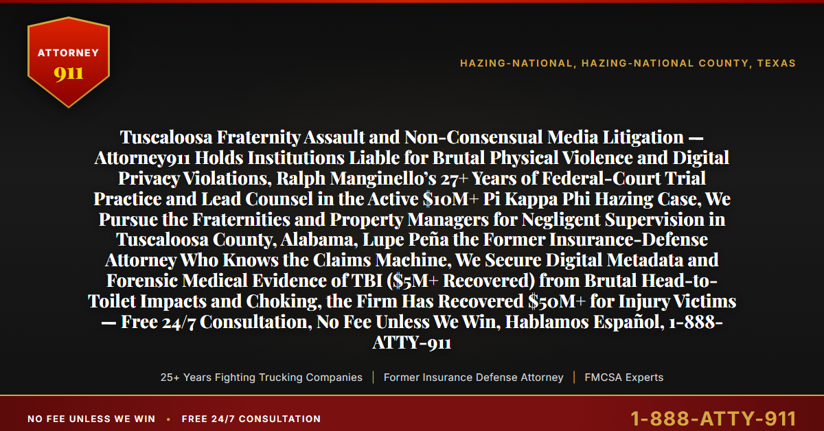 Tuscaloosa Fraternity Assault and Non-Consensual Media Litigation — Attorney911 Holds Institutions Liable for Brutal Physical Violence and Digital Privacy Violations, Ralph Manginello’s 27+ Years of Federal-Court Trial Practice and Lead Counsel in the Active $10M+ Pi Kappa Phi Hazing Case, We Pursue the Fraternities and Property Managers for Negligent Supervision in Tuscaloosa County, Alabama, Lupe Peña the Former Insurance-Defense Attorney Who Knows the Claims Machine, We Secure Digital Metadata and Forensic Medical Evidence of TBI ($5M+ Recovered) from Brutal Head-to-Toilet Impacts and Choking, the Firm Has Recovered $50M+ for Injury Victims — Free 24/7 Consultation, No Fee Unless We Win, Hablamos Español, 1-888-ATTY-911 - Attorney911