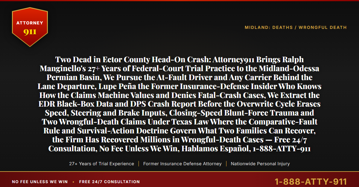 Two Dead in Ector County Head-On Crash: Attorney911 Brings Ralph Manginello's 27+ Years of Federal-Court Trial Practice to the Midland-Odessa Permian Basin, We Pursue the At-Fault Driver and Any Carrier Behind the Lane Departure, Lupe Peña the Former Insurance-Defense Insider Who Knows How the Claims Machine Values and Denies Fatal-Crash Cases, We Extract the EDR Black-Box Data and DPS Crash Report Before the Overwrite Cycle Erases Speed, Steering and Brake Inputs, Closing-Speed Blunt-Force Trauma and Two Wrongful-Death Claims Under Texas Law Where the Comparative-Fault Rule and Survival-Action Doctrine Govern What Two Families Can Recover, the Firm Has Recovered Millions in Wrongful-Death Cases — Free 24/7 Consultation, No Fee Unless We Win, Hablamos Español, 1-888-ATTY-911 - Attorney911