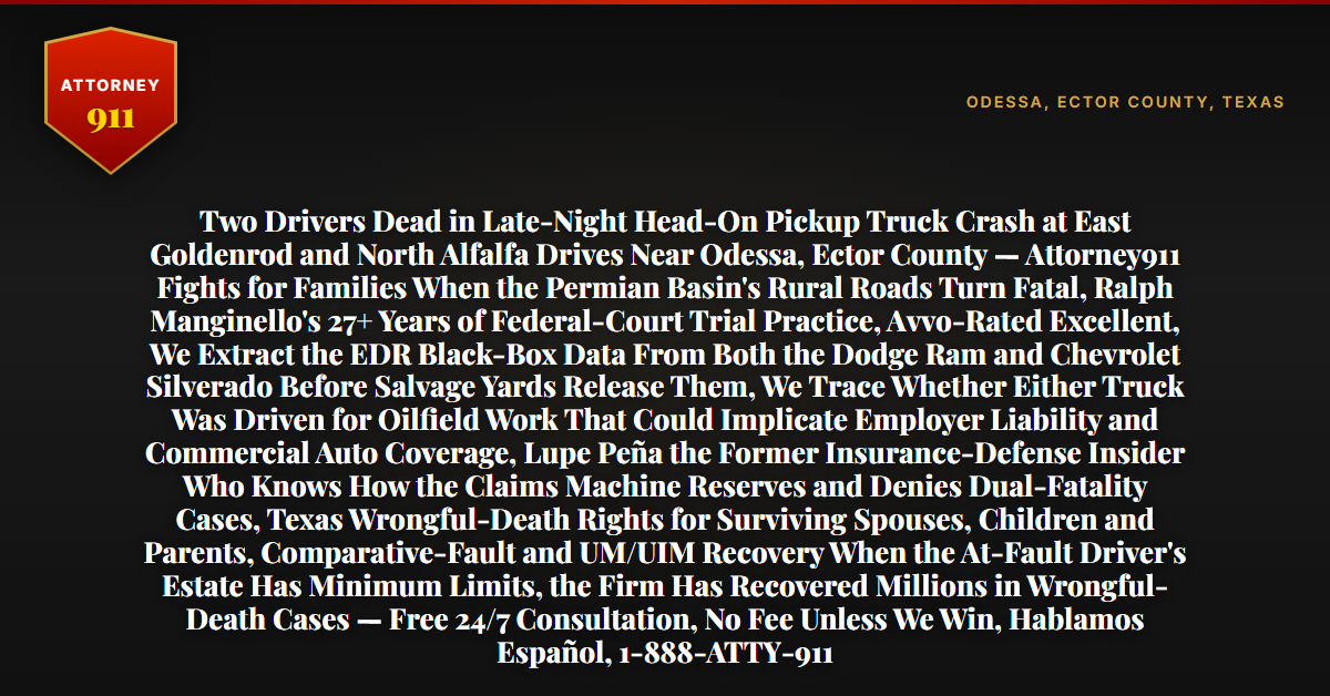 Two Drivers Dead in Late-Night Head-On Pickup Truck Crash at East Goldenrod and North Alfalfa Drives Near Odessa, Ector County — Attorney911 Fights for Families When the Permian Basin's Rural Roads Turn Fatal, Ralph Manginello's 27+ Years of Federal-Court Trial Practice, Avvo-Rated Excellent, We Extract the EDR Black-Box Data From Both the Dodge Ram and Chevrolet Silverado Before Salvage Yards Release Them, We Trace Whether Either Truck Was Driven for Oilfield Work That Could Implicate Employer Liability and Commercial Auto Coverage, Lupe Peña the Former Insurance-Defense Insider Who Knows How the Claims Machine Reserves and Denies Dual-Fatality Cases, Texas Wrongful-Death Rights for Surviving Spouses, Children and Parents, Comparative-Fault and UM/UIM Recovery When the At-Fault Driver's Estate Has Minimum Limits, the Firm Has Recovered Millions in Wrongful-Death Cases — Free 24/7 Consultation, No Fee Unless We Win, Hablamos Español, 1-888-ATTY-911 - Attorney911