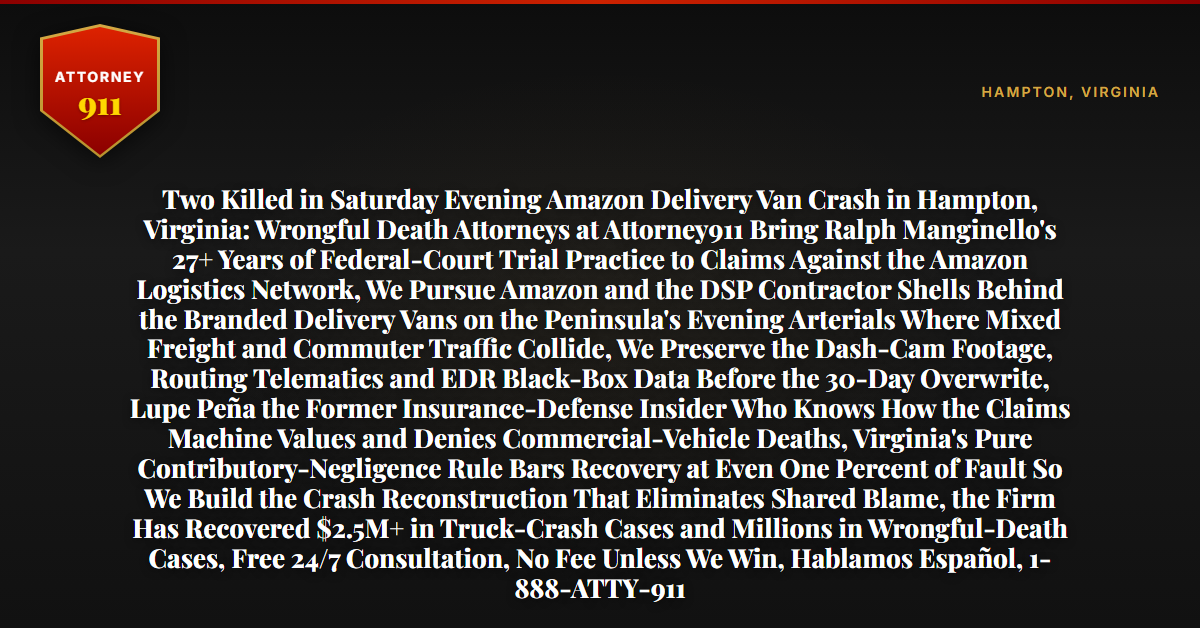 Two Killed in Saturday Evening Amazon Delivery Van Crash in Hampton, Virginia: Wrongful Death Attorneys at Attorney911 Bring Ralph Manginello's 27+ Years of Federal-Court Trial Practice to Claims Against the Amazon Logistics Network, We Pursue Amazon and the DSP Contractor Shells Behind the Branded Delivery Vans on the Peninsula's Evening Arterials Where Mixed Freight and Commuter Traffic Collide, We Preserve the Dash-Cam Footage, Routing Telematics and EDR Black-Box Data Before the 30-Day Overwrite, Lupe Peña the Former Insurance-Defense Insider Who Knows How the Claims Machine Values and Denies Commercial-Vehicle Deaths, Virginia's Pure Contributory-Negligence Rule Bars Recovery at Even One Percent of Fault So We Build the Crash Reconstruction That Eliminates Shared Blame, the Firm Has Recovered $2.5M+ in Truck-Crash Cases and Millions in Wrongful-Death Cases, Free 24/7 Consultation, No Fee Unless We Win, Hablamos Español, 1-888-ATTY-911 - Attorney911