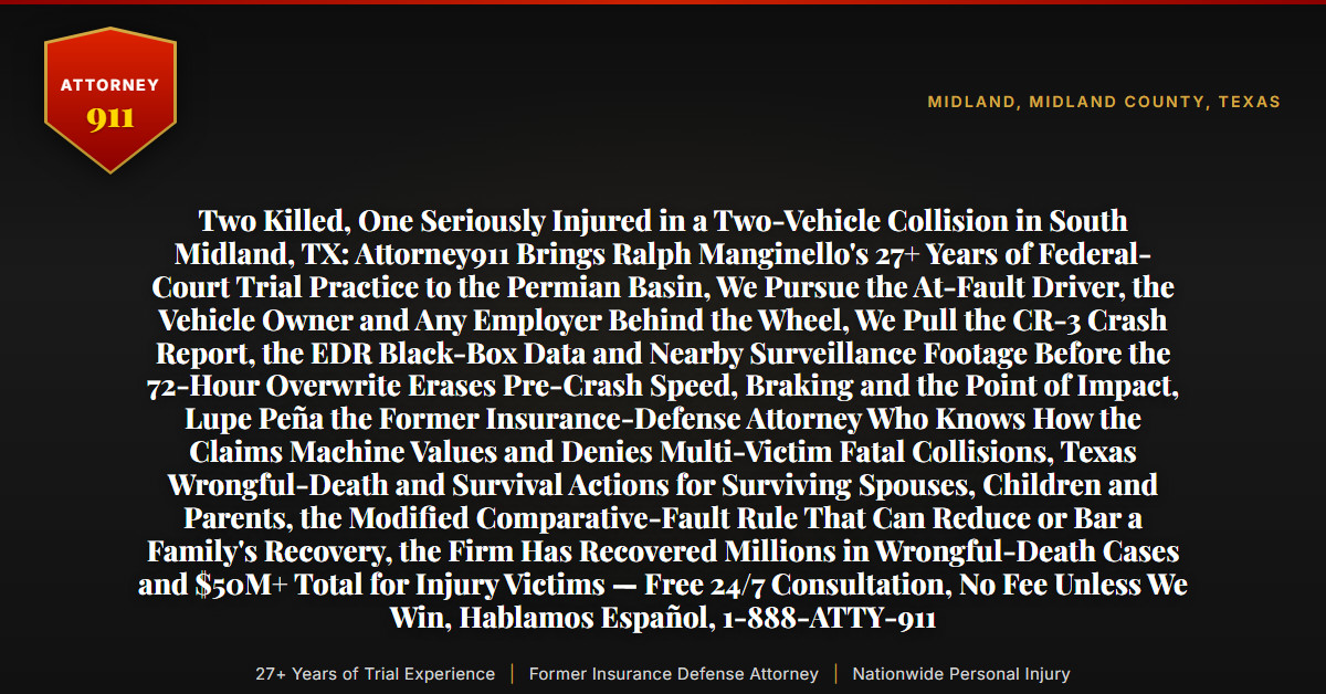 Two Killed, One Seriously Injured in a Two-Vehicle Collision in South Midland, TX: Attorney911 Brings Ralph Manginello's 27+ Years of Federal-Court Trial Practice to the Permian Basin, We Pursue the At-Fault Driver, the Vehicle Owner and Any Employer Behind the Wheel, We Pull the CR-3 Crash Report, the EDR Black-Box Data and Nearby Surveillance Footage Before the 72-Hour Overwrite Erases Pre-Crash Speed, Braking and the Point of Impact, Lupe Peña the Former Insurance-Defense Attorney Who Knows How the Claims Machine Values and Denies Multi-Victim Fatal Collisions, Texas Wrongful-Death and Survival Actions for Surviving Spouses, Children and Parents, the Modified Comparative-Fault Rule That Can Reduce or Bar a Family's Recovery, the Firm Has Recovered Millions in Wrongful-Death Cases and $50M+ Total for Injury Victims — Free 24/7 Consultation, No Fee Unless We Win, Hablamos Español, 1-888-ATTY-911 - Attorney911