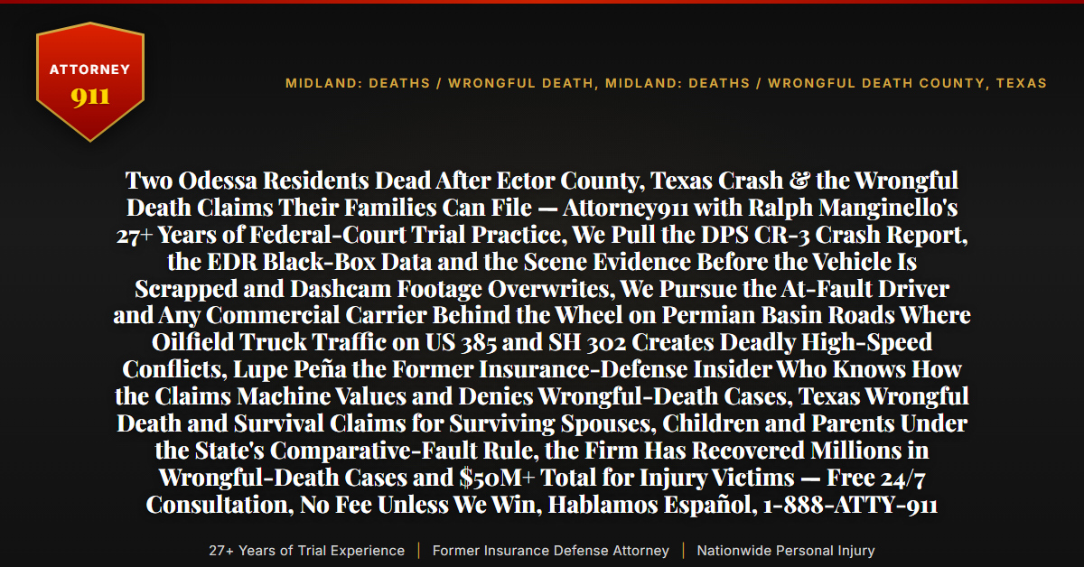 Two Odessa Residents Dead After Ector County, Texas Crash & the Wrongful Death Claims Their Families Can File — Attorney911 with Ralph Manginello's 27+ Years of Federal-Court Trial Practice, We Pull the DPS CR-3 Crash Report, the EDR Black-Box Data and the Scene Evidence Before the Vehicle Is Scrapped and Dashcam Footage Overwrites, We Pursue the At-Fault Driver and Any Commercial Carrier Behind the Wheel on Permian Basin Roads Where Oilfield Truck Traffic on US 385 and SH 302 Creates Deadly High-Speed Conflicts, Lupe Peña the Former Insurance-Defense Insider Who Knows How the Claims Machine Values and Denies Wrongful-Death Cases, Texas Wrongful Death and Survival Claims for Surviving Spouses, Children and Parents Under the State's Comparative-Fault Rule, the Firm Has Recovered Millions in Wrongful-Death Cases and $50M+ Total for Injury Victims — Free 24/7 Consultation, No Fee Unless We Win, Hablamos Español, 1-888-ATTY-911 - Attorney911
