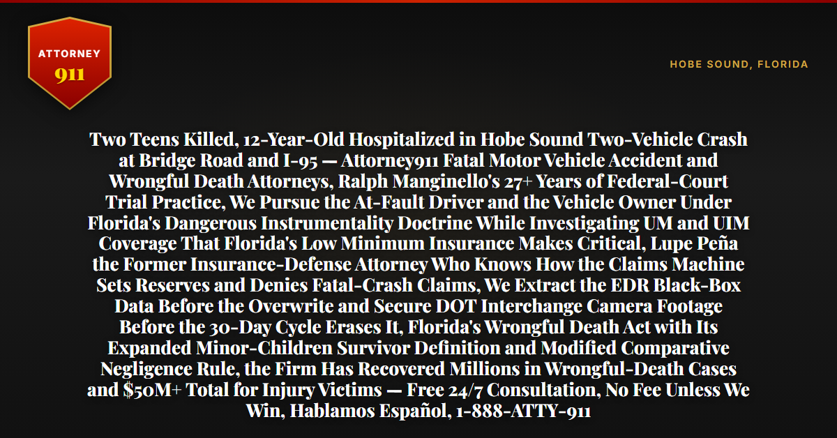 Two Teens Killed, 12-Year-Old Hospitalized in Hobe Sound Two-Vehicle Crash at Bridge Road and I-95 — Attorney911 Fatal Motor Vehicle Accident and Wrongful Death Attorneys, Ralph Manginello's 27+ Years of Federal-Court Trial Practice, We Pursue the At-Fault Driver and the Vehicle Owner Under Florida's Dangerous Instrumentality Doctrine While Investigating UM and UIM Coverage That Florida's Low Minimum Insurance Makes Critical, Lupe Peña the Former Insurance-Defense Attorney Who Knows How the Claims Machine Sets Reserves and Denies Fatal-Crash Claims, We Extract the EDR Black-Box Data Before the Overwrite and Secure DOT Interchange Camera Footage Before the 30-Day Cycle Erases It, Florida's Wrongful Death Act with Its Expanded Minor-Children Survivor Definition and Modified Comparative Negligence Rule, the Firm Has Recovered Millions in Wrongful-Death Cases and $50M+ Total for Injury Victims — Free 24/7 Consultation, No Fee Unless We Win, Hablamos Español, 1-888-ATTY-911 - Attorney911