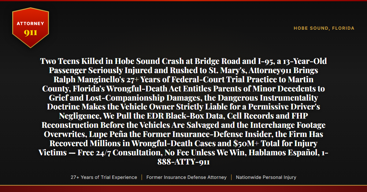 Two Teens Killed in Hobe Sound Crash at Bridge Road and I-95, a 13-Year-Old Passenger Seriously Injured and Rushed to St. Mary's, Attorney911 Brings Ralph Manginello's 27+ Years of Federal-Court Trial Practice to Martin County, Florida's Wrongful-Death Act Entitles Parents of Minor Decedents to Grief and Lost-Companionship Damages, the Dangerous Instrumentality Doctrine Makes the Vehicle Owner Strictly Liable for a Permissive Driver's Negligence, We Pull the EDR Black-Box Data, Cell Records and FHP Reconstruction Before the Vehicles Are Salvaged and the Interchange Footage Overwrites, Lupe Peña the Former Insurance-Defense Insider, the Firm Has Recovered Millions in Wrongful-Death Cases and $50M+ Total for Injury Victims — Free 24/7 Consultation, No Fee Unless We Win, Hablamos Español, 1-888-ATTY-911 - Attorney911