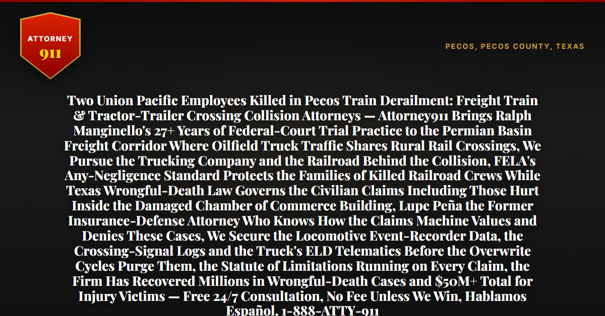 Two Union Pacific Employees Killed in Pecos Train Derailment: Freight Train & Tractor-Trailer Crossing Collision Attorneys — Attorney911 Brings Ralph Manginello's 27+ Years of Federal-Court Trial Practice to the Permian Basin Freight Corridor Where Oilfield Truck Traffic Shares Rural Rail Crossings, We Pursue the Trucking Company and the Railroad Behind the Collision, FELA's Any-Negligence Standard Protects the Families of Killed Railroad Crews While Texas Wrongful-Death Law Governs the Civilian Claims Including Those Hurt Inside the Damaged Chamber of Commerce Building, Lupe Peña the Former Insurance-Defense Attorney Who Knows How the Claims Machine Values and Denies These Cases, We Secure the Locomotive Event-Recorder Data, the Crossing-Signal Logs and the Truck's ELD Telematics Before the Overwrite Cycles Purge Them, the Statute of Limitations Running on Every Claim, the Firm Has Recovered Millions in Wrongful-Death Cases and $50M+ Total for Injury Victims — Free 24/7 Consultation, No Fee Unless We Win, Hablamos Español, 1-888-ATTY-911 - Attorney911