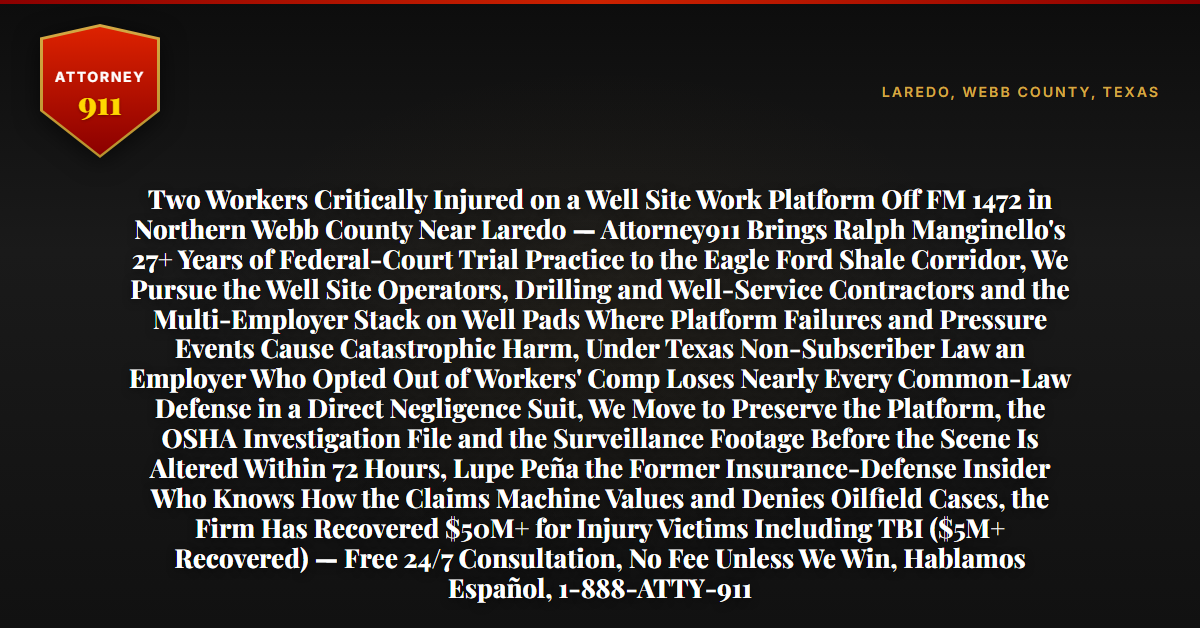 Two Workers Critically Injured on a Well Site Work Platform Off FM 1472 in Northern Webb County Near Laredo — Attorney911 Brings Ralph Manginello's 27+ Years of Federal-Court Trial Practice to the Eagle Ford Shale Corridor, We Pursue the Well Site Operators, Drilling and Well-Service Contractors and the Multi-Employer Stack on Well Pads Where Platform Failures and Pressure Events Cause Catastrophic Harm, Under Texas Non-Subscriber Law an Employer Who Opted Out of Workers' Comp Loses Nearly Every Common-Law Defense in a Direct Negligence Suit, We Move to Preserve the Platform, the OSHA Investigation File and the Surveillance Footage Before the Scene Is Altered Within 72 Hours, Lupe Peña the Former Insurance-Defense Insider Who Knows How the Claims Machine Values and Denies Oilfield Cases, the Firm Has Recovered $50M+ for Injury Victims Including TBI ($5M+ Recovered) — Free 24/7 Consultation, No Fee Unless We Win, Hablamos Español, 1-888-ATTY-911 - Attorney911