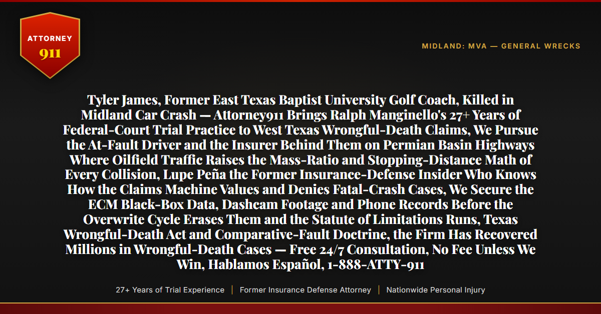 Tyler James, Former East Texas Baptist University Golf Coach, Killed in Midland Car Crash — Attorney911 Brings Ralph Manginello's 27+ Years of Federal-Court Trial Practice to West Texas Wrongful-Death Claims, We Pursue the At-Fault Driver and the Insurer Behind Them on Permian Basin Highways Where Oilfield Traffic Raises the Mass-Ratio and Stopping-Distance Math of Every Collision, Lupe Peña the Former Insurance-Defense Insider Who Knows How the Claims Machine Values and Denies Fatal-Crash Cases, We Secure the ECM Black-Box Data, Dashcam Footage and Phone Records Before the Overwrite Cycle Erases Them and the Statute of Limitations Runs, Texas Wrongful-Death Act and Comparative-Fault Doctrine, the Firm Has Recovered Millions in Wrongful-Death Cases — Free 24/7 Consultation, No Fee Unless We Win, Hablamos Español, 1-888-ATTY-911 - Attorney911