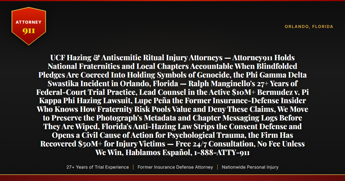 UCF Hazing & Antisemitic Ritual Injury Attorneys — Attorney911 Holds National Fraternities and Local Chapters Accountable When Blindfolded Pledges Are Coerced Into Holding Symbols of Genocide, the Phi Gamma Delta Swastika Incident in Orlando, Florida — Ralph Manginello's 27+ Years of Federal-Court Trial Practice, Lead Counsel in the Active $10M+ Bermudez v. Pi Kappa Phi Hazing Lawsuit, Lupe Peña the Former Insurance-Defense Insider Who Knows How Fraternity Risk Pools Value and Deny These Claims, We Move to Preserve the Photograph's Metadata and Chapter Messaging Logs Before They Are Wiped, Florida's Anti-Hazing Law Strips the Consent Defense and Opens a Civil Cause of Action for Psychological Trauma, the Firm Has Recovered $50M+ for Injury Victims — Free 24/7 Consultation, No Fee Unless We Win, Hablamos Español, 1-888-ATTY-911 - Attorney911