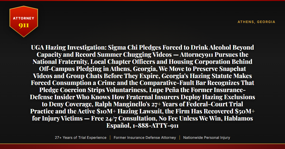 UGA Hazing Investigation: Sigma Chi Pledges Forced to Drink Alcohol Beyond Capacity and Record Summer Chugging Videos — Attorney911 Pursues the National Fraternity, Local Chapter Officers and Housing Corporation Behind Off-Campus Pledging in Athens, Georgia, We Move to Preserve Snapchat Videos and Group Chats Before They Expire, Georgia's Hazing Statute Makes Forced Consumption a Crime and the Comparative-Fault Bar Recognizes That Pledge Coercion Strips Voluntariness, Lupe Peña the Former Insurance-Defense Insider Who Knows How Fraternal Insurers Deploy Hazing Exclusions to Deny Coverage, Ralph Manginello's 27+ Years of Federal-Court Trial Practice and the Active $10M+ Hazing Lawsuit, the Firm Has Recovered $50M+ for Injury Victims — Free 24/7 Consultation, No Fee Unless We Win, Hablamos Español, 1-888-ATTY-911 - Attorney911
