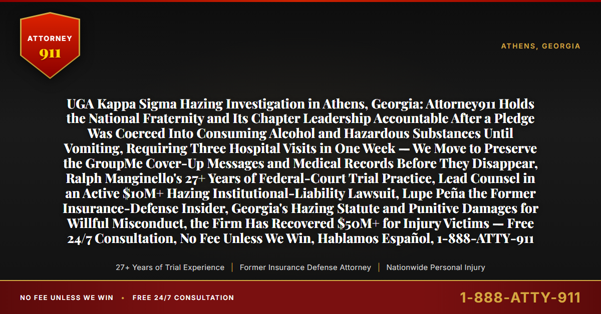 UGA Kappa Sigma Hazing Investigation in Athens, Georgia: Attorney911 Holds the National Fraternity and Its Chapter Leadership Accountable After a Pledge Was Coerced Into Consuming Alcohol and Hazardous Substances Until Vomiting, Requiring Three Hospital Visits in One Week — We Move to Preserve the GroupMe Cover-Up Messages and Medical Records Before They Disappear, Ralph Manginello's 27+ Years of Federal-Court Trial Practice, Lead Counsel in an Active $10M+ Hazing Institutional-Liability Lawsuit, Lupe Peña the Former Insurance-Defense Insider, Georgia's Hazing Statute and Punitive Damages for Willful Misconduct, the Firm Has Recovered $50M+ for Injury Victims — Free 24/7 Consultation, No Fee Unless We Win, Hablamos Español, 1-888-ATTY-911 - Attorney911