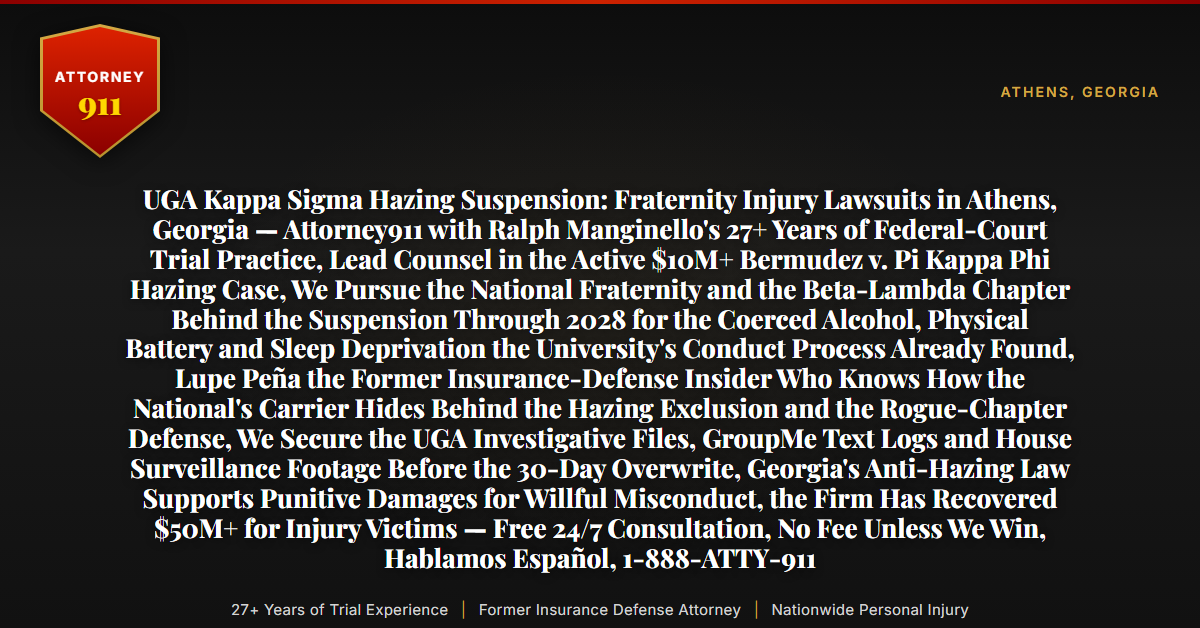 UGA Kappa Sigma Hazing Suspension: Fraternity Injury Lawsuits in Athens, Georgia — Attorney911 with Ralph Manginello's 27+ Years of Federal-Court Trial Practice, Lead Counsel in the Active $10M+ Bermudez v. Pi Kappa Phi Hazing Case, We Pursue the National Fraternity and the Beta-Lambda Chapter Behind the Suspension Through 2028 for the Coerced Alcohol, Physical Battery and Sleep Deprivation the University's Conduct Process Already Found, Lupe Peña the Former Insurance-Defense Insider Who Knows How the National's Carrier Hides Behind the Hazing Exclusion and the Rogue-Chapter Defense, We Secure the UGA Investigative Files, GroupMe Text Logs and House Surveillance Footage Before the 30-Day Overwrite, Georgia's Anti-Hazing Law Supports Punitive Damages for Willful Misconduct, the Firm Has Recovered $50M+ for Injury Victims — Free 24/7 Consultation, No Fee Unless We Win, Hablamos Español, 1-888-ATTY-911 - Attorney911