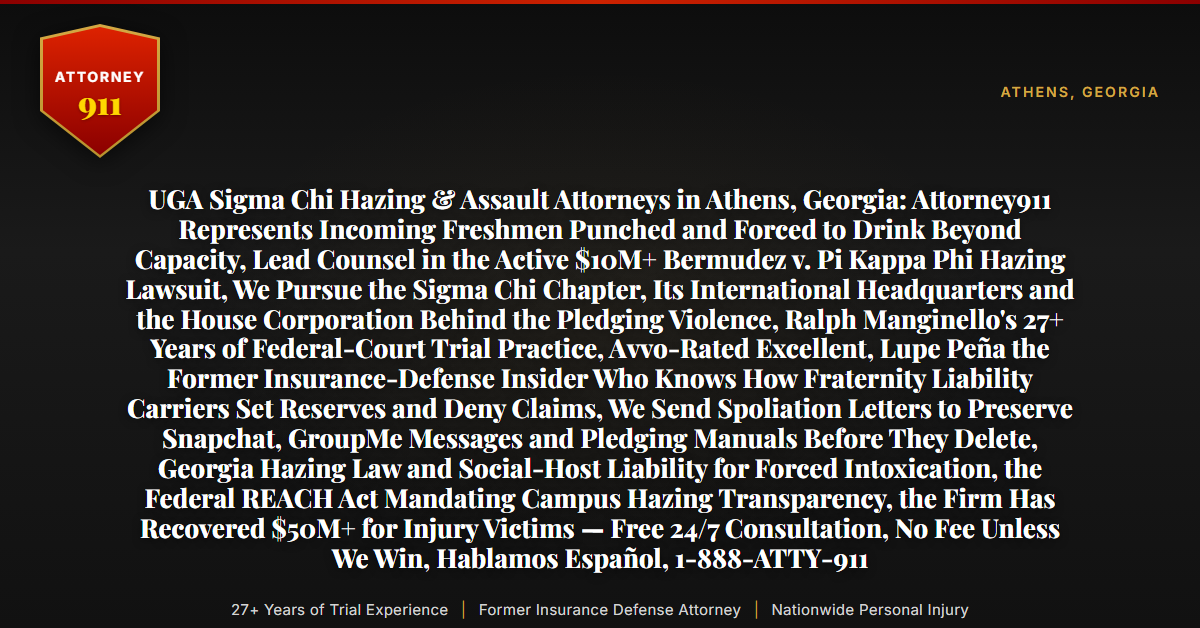 UGA Sigma Chi Hazing & Assault Attorneys in Athens, Georgia: Attorney911 Represents Incoming Freshmen Punched and Forced to Drink Beyond Capacity, Lead Counsel in the Active $10M+ Bermudez v. Pi Kappa Phi Hazing Lawsuit, We Pursue the Sigma Chi Chapter, Its International Headquarters and the House Corporation Behind the Pledging Violence, Ralph Manginello's 27+ Years of Federal-Court Trial Practice, Avvo-Rated Excellent, Lupe Peña the Former Insurance-Defense Insider Who Knows How Fraternity Liability Carriers Set Reserves and Deny Claims, We Send Spoliation Letters to Preserve Snapchat, GroupMe Messages and Pledging Manuals Before They Delete, Georgia Hazing Law and Social-Host Liability for Forced Intoxication, the Federal REACH Act Mandating Campus Hazing Transparency, the Firm Has Recovered $50M+ for Injury Victims — Free 24/7 Consultation, No Fee Unless We Win, Hablamos Español, 1-888-ATTY-911 - Attorney911