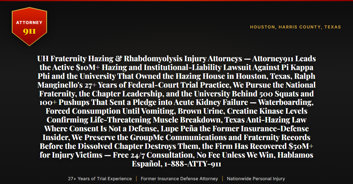 UH Fraternity Hazing & Rhabdomyolysis Injury Attorneys — Attorney911 Leads the Active $10M+ Hazing and Institutional-Liability Lawsuit Against Pi Kappa Phi and the University That Owned the Hazing House in Houston, Texas, Ralph Manginello's 27+ Years of Federal-Court Trial Practice, We Pursue the National Fraternity, the Chapter Leadership, and the University Behind 500 Squats and 100+ Pushups That Sent a Pledge into Acute Kidney Failure — Waterboarding, Forced Consumption Until Vomiting, Brown Urine, Creatine Kinase Levels Confirming Life-Threatening Muscle Breakdown, Texas Anti-Hazing Law Where Consent Is Not a Defense, Lupe Peña the Former Insurance-Defense Insider, We Preserve the GroupMe Communications and Fraternity Records Before the Dissolved Chapter Destroys Them, the Firm Has Recovered $50M+ for Injury Victims — Free 24/7 Consultation, No Fee Unless We Win, Hablamos Español, 1-888-ATTY-911 - Attorney911