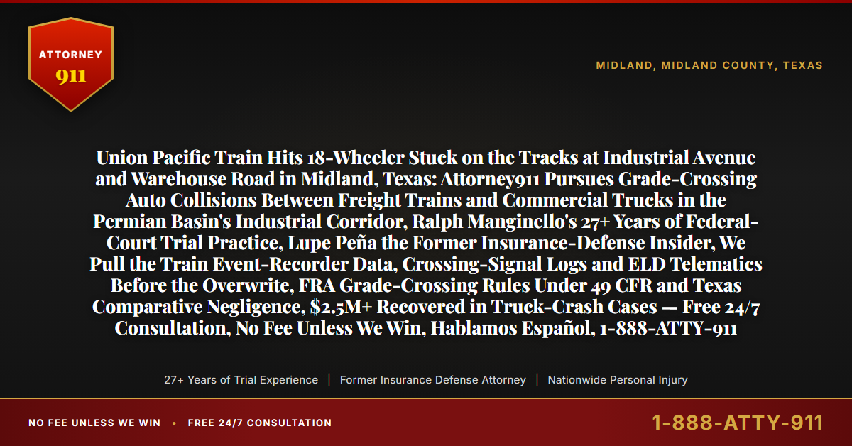 Union Pacific Train Hits 18-Wheeler Stuck on the Tracks at Industrial Avenue and Warehouse Road in Midland, Texas: Attorney911 Pursues Grade-Crossing Auto Collisions Between Freight Trains and Commercial Trucks in the Permian Basin's Industrial Corridor, Ralph Manginello's 27+ Years of Federal-Court Trial Practice, Lupe Peña the Former Insurance-Defense Insider, We Pull the Train Event-Recorder Data, Crossing-Signal Logs and ELD Telematics Before the Overwrite, FRA Grade-Crossing Rules Under 49 CFR and Texas Comparative Negligence, $2.5M+ Recovered in Truck-Crash Cases — Free 24/7 Consultation, No Fee Unless We Win, Hablamos Español, 1-888-ATTY-911 - Attorney911