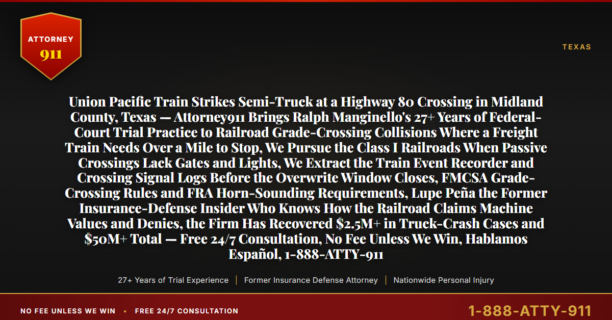 Union Pacific Train Strikes Semi-Truck at a Highway 80 Crossing in Midland County, Texas — Attorney911 Brings Ralph Manginello's 27+ Years of Federal-Court Trial Practice to Railroad Grade-Crossing Collisions Where a Freight Train Needs Over a Mile to Stop, We Pursue the Class I Railroads When Passive Crossings Lack Gates and Lights, We Extract the Train Event Recorder and Crossing Signal Logs Before the Overwrite Window Closes, FMCSA Grade-Crossing Rules and FRA Horn-Sounding Requirements, Lupe Peña the Former Insurance-Defense Insider Who Knows How the Railroad Claims Machine Values and Denies, the Firm Has Recovered $2.5M+ in Truck-Crash Cases and $50M+ Total — Free 24/7 Consultation, No Fee Unless We Win, Hablamos Español, 1-888-ATTY-911 - Attorney911