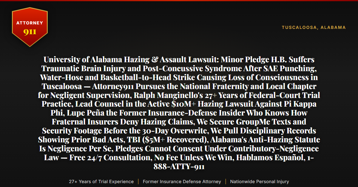 University of Alabama Hazing & Assault Lawsuit: Minor Pledge H.B. Suffers Traumatic Brain Injury and Post-Concussive Syndrome After SAE Punching, Water-Hose and Basketball-to-Head Strike Causing Loss of Consciousness in Tuscaloosa — Attorney911 Pursues the National Fraternity and Local Chapter for Negligent Supervision, Ralph Manginello's 27+ Years of Federal-Court Trial Practice, Lead Counsel in the Active $10M+ Hazing Lawsuit Against Pi Kappa Phi, Lupe Peña the Former Insurance-Defense Insider Who Knows How Fraternal Insurers Deny Hazing Claims, We Secure GroupMe Texts and Security Footage Before the 30-Day Overwrite, We Pull Disciplinary Records Showing Prior Bad Acts, TBI ($5M+ Recovered), Alabama's Anti-Hazing Statute Is Negligence Per Se, Pledges Cannot Consent Under Contributory-Negligence Law — Free 24/7 Consultation, No Fee Unless We Win, Hablamos Español, 1-888-ATTY-911 - Attorney911