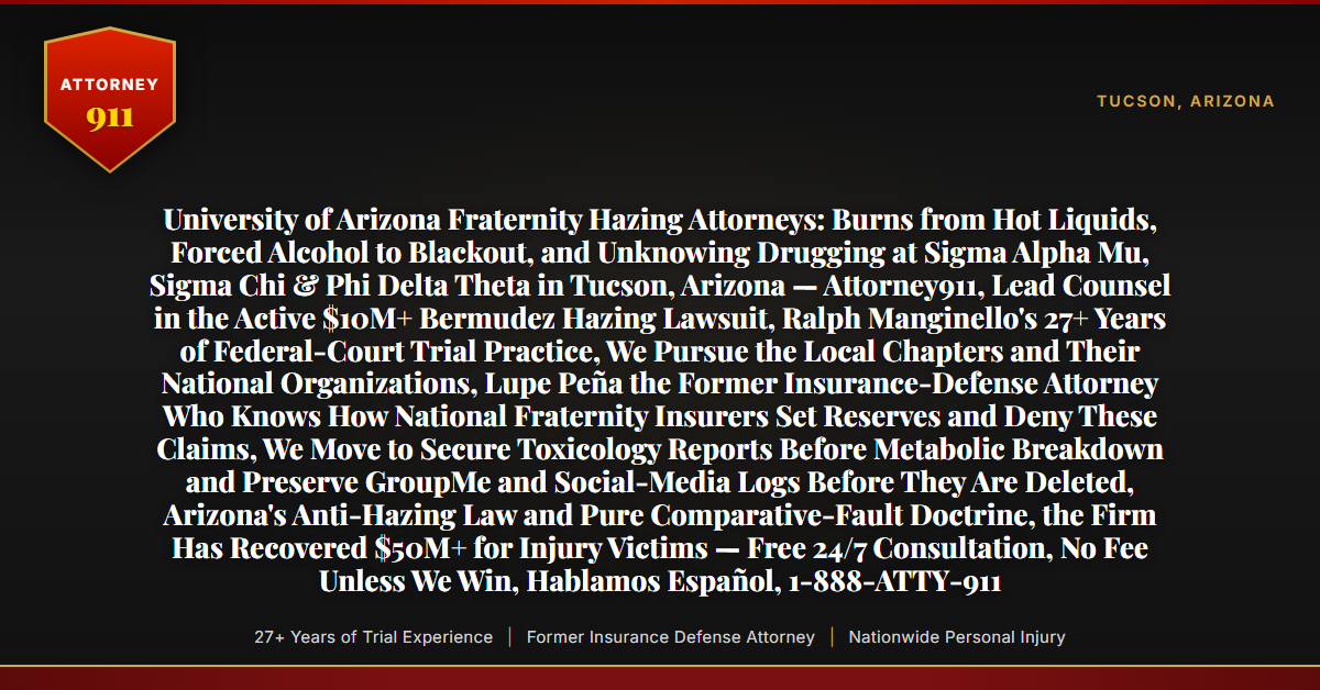 University of Arizona Fraternity Hazing Attorneys: Burns from Hot Liquids, Forced Alcohol to Blackout, and Unknowing Drugging at Sigma Alpha Mu, Sigma Chi & Phi Delta Theta in Tucson, Arizona — Attorney911, Lead Counsel in the Active $10M+ Bermudez Hazing Lawsuit, Ralph Manginello's 27+ Years of Federal-Court Trial Practice, We Pursue the Local Chapters and Their National Organizations, Lupe Peña the Former Insurance-Defense Attorney Who Knows How National Fraternity Insurers Set Reserves and Deny These Claims, We Move to Secure Toxicology Reports Before Metabolic Breakdown and Preserve GroupMe and Social-Media Logs Before They Are Deleted, Arizona's Anti-Hazing Law and Pure Comparative-Fault Doctrine, the Firm Has Recovered $50M+ for Injury Victims — Free 24/7 Consultation, No Fee Unless We Win, Hablamos Español, 1-888-ATTY-911 - Attorney911