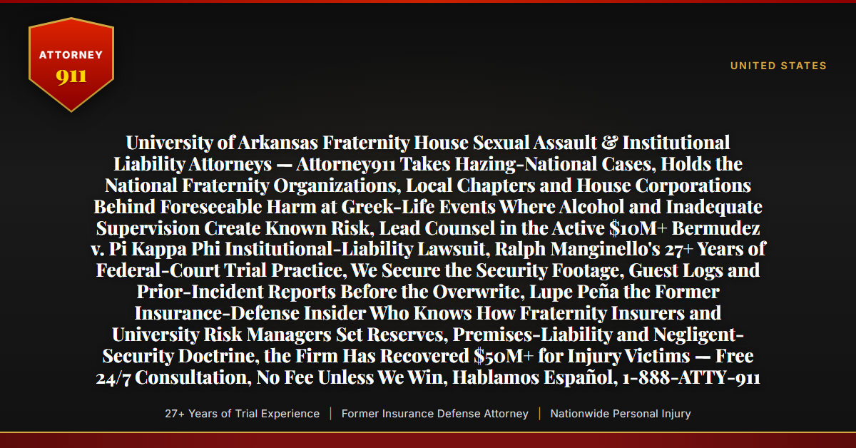 University of Arkansas Fraternity House Sexual Assault & Institutional Liability Attorneys — Attorney911 Takes Hazing-National Cases, Holds the National Fraternity Organizations, Local Chapters and House Corporations Behind Foreseeable Harm at Greek-Life Events Where Alcohol and Inadequate Supervision Create Known Risk, Lead Counsel in the Active $10M+ Bermudez v. Pi Kappa Phi Institutional-Liability Lawsuit, Ralph Manginello's 27+ Years of Federal-Court Trial Practice, We Secure the Security Footage, Guest Logs and Prior-Incident Reports Before the Overwrite, Lupe Peña the Former Insurance-Defense Insider Who Knows How Fraternity Insurers and University Risk Managers Set Reserves, Premises-Liability and Negligent-Security Doctrine, the Firm Has Recovered $50M+ for Injury Victims — Free 24/7 Consultation, No Fee Unless We Win, Hablamos Español, 1-888-ATTY-911 - Attorney911