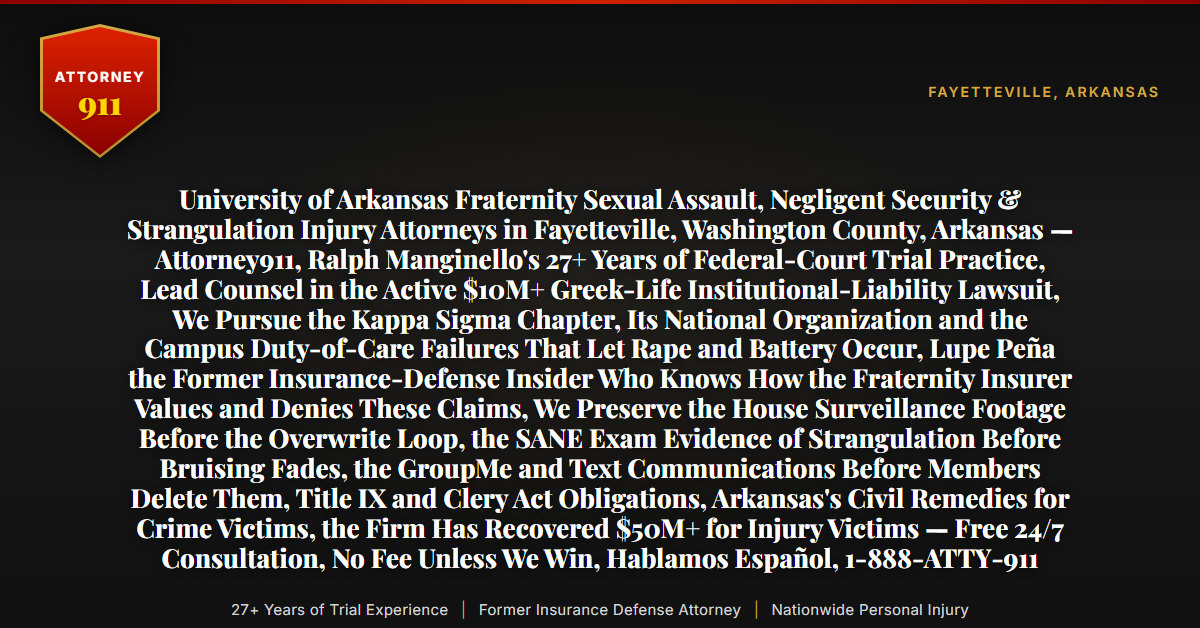 University of Arkansas Fraternity Sexual Assault, Negligent Security & Strangulation Injury Attorneys in Fayetteville, Washington County, Arkansas — Attorney911, Ralph Manginello's 27+ Years of Federal-Court Trial Practice, Lead Counsel in the Active $10M+ Greek-Life Institutional-Liability Lawsuit, We Pursue the Kappa Sigma Chapter, Its National Organization and the Campus Duty-of-Care Failures That Let Rape and Battery Occur, Lupe Peña the Former Insurance-Defense Insider Who Knows How the Fraternity Insurer Values and Denies These Claims, We Preserve the House Surveillance Footage Before the Overwrite Loop, the SANE Exam Evidence of Strangulation Before Bruising Fades, the GroupMe and Text Communications Before Members Delete Them, Title IX and Clery Act Obligations, Arkansas's Civil Remedies for Crime Victims, the Firm Has Recovered $50M+ for Injury Victims — Free 24/7 Consultation, No Fee Unless We Win, Hablamos Español, 1-888-ATTY-911 - Attorney911