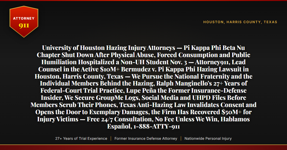 University of Houston Hazing Injury Attorneys — Pi Kappa Phi Beta Nu Chapter Shut Down After Physical Abuse, Forced Consumption and Public Humiliation Hospitalized a Non-UH Student Nov. 3 — Attorney911, Lead Counsel in the Active $10M+ Bermudez v. Pi Kappa Phi Hazing Lawsuit in Houston, Harris County, Texas — We Pursue the National Fraternity and the Individual Members Behind the Hazing, Ralph Manginello's 27+ Years of Federal-Court Trial Practice, Lupe Peña the Former Insurance-Defense Insider, We Secure GroupMe Logs, Social Media and UHPD Files Before Members Scrub Their Phones, Texas Anti-Hazing Law Invalidates Consent and Opens the Door to Exemplary Damages, the Firm Has Recovered $50M+ for Injury Victims — Free 24/7 Consultation, No Fee Unless We Win, Hablamos Español, 1-888-ATTY-911 - Attorney911