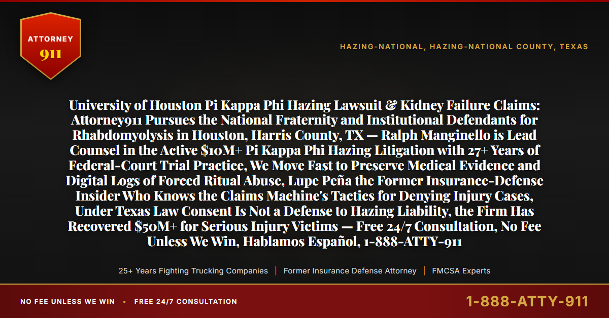 University of Houston Pi Kappa Phi Hazing Lawsuit & Kidney Failure Claims: Attorney911 Pursues the National Fraternity and Institutional Defendants for Rhabdomyolysis in Houston, Harris County, TX — Ralph Manginello is Lead Counsel in the Active $10M+ Pi Kappa Phi Hazing Litigation with 27+ Years of Federal-Court Trial Practice, We Move Fast to Preserve Medical Evidence and Digital Logs of Forced Ritual Abuse, Lupe Peña the Former Insurance-Defense Insider Who Knows the Claims Machine's Tactics for Denying Injury Cases, Under Texas Law Consent Is Not a Defense to Hazing Liability, the Firm Has Recovered $50M+ for Serious Injury Victims — Free 24/7 Consultation, No Fee Unless We Win, Hablamos Español, 1-888-ATTY-911 - Attorney911
