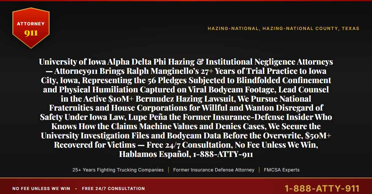 University of Iowa Alpha Delta Phi Hazing & Institutional Negligence Attorneys — Attorney911 Brings Ralph Manginello’s 27+ Years of Trial Practice to Iowa City, Iowa, Representing the 56 Pledges Subjected to Blindfolded Confinement and Physical Humiliation Captured on Viral Bodycam Footage, Lead Counsel in the Active $10M+ Bermudez Hazing Lawsuit, We Pursue National Fraternities and House Corporations for Willful and Wanton Disregard of Safety Under Iowa Law, Lupe Peña the Former Insurance-Defense Insider Who Knows How the Claims Machine Values and Denies Cases, We Secure the University Investigation Files and Bodycam Data Before the Overwrite, $50M+ Recovered for Victims — Free 24/7 Consultation, No Fee Unless We Win, Hablamos Español, 1-888-ATTY-911 - Attorney911