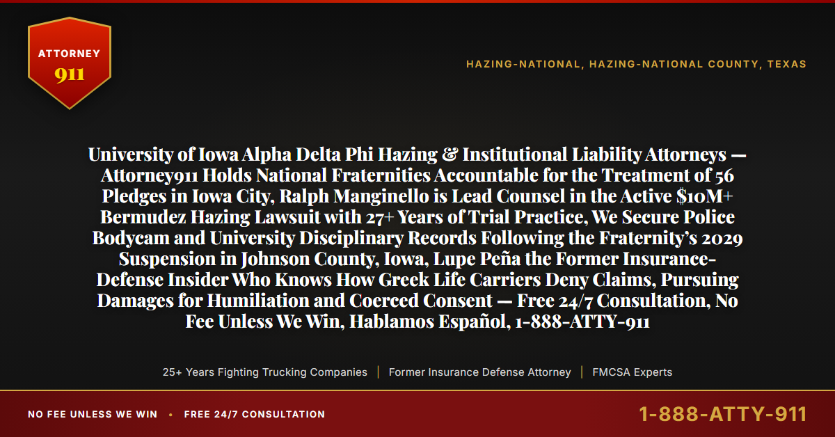 University of Iowa Alpha Delta Phi Hazing & Institutional Liability Attorneys — Attorney911 Holds National Fraternities Accountable for the Treatment of 56 Pledges in Iowa City, Ralph Manginello is Lead Counsel in the Active $10M+ Bermudez Hazing Lawsuit with 27+ Years of Trial Practice, We Secure Police Bodycam and University Disciplinary Records Following the Fraternity’s 2029 Suspension in Johnson County, Iowa, Lupe Peña the Former Insurance-Defense Insider Who Knows How Greek Life Carriers Deny Claims, Pursuing Damages for Humiliation and Coerced Consent — Free 24/7 Consultation, No Fee Unless We Win, Hablamos Español, 1-888-ATTY-911 - Attorney911