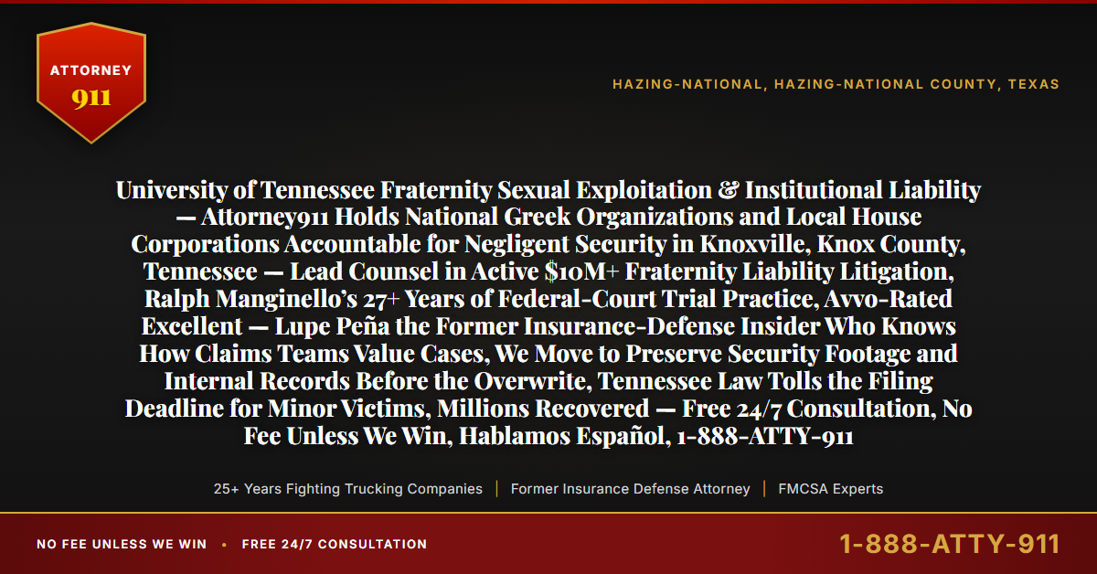 University of Tennessee Fraternity Sexual Exploitation & Institutional Liability — Attorney911 Holds National Greek Organizations and Local House Corporations Accountable for Negligent Security in Knoxville, Knox County, Tennessee — Lead Counsel in Active $10M+ Fraternity Liability Litigation, Ralph Manginello’s 27+ Years of Federal-Court Trial Practice, Avvo-Rated Excellent — Lupe Peña the Former Insurance-Defense Insider Who Knows How Claims Teams Value Cases, We Move to Preserve Security Footage and Internal Records Before the Overwrite, Tennessee Law Tolls the Filing Deadline for Minor Victims, Millions Recovered — Free 24/7 Consultation, No Fee Unless We Win, Hablamos Español, 1-888-ATTY-911 - Attorney911